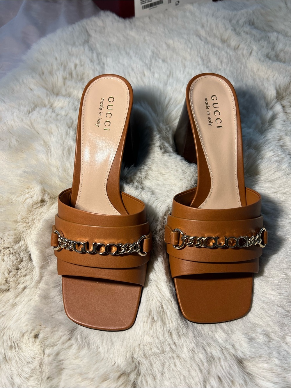 Gucci Women's Tan Leather Chain Block Heel Sandals